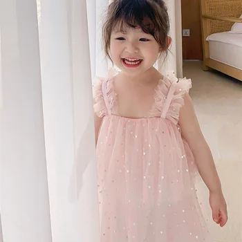 Момичета С къси ръкави и Прашка Double Лъскава Mesh Princess Dresses 2021 Summer Girl Dress Toddler Bling Bling Kids Princess Dress