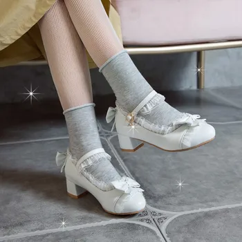 Дамски момичета Лолита през Цялата Чорап Лък Дантела Тока Oxfords Мери Джейн Kawai Cosplay Обувки На Нисък Ток 4 Цвята