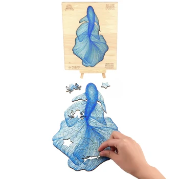 DIY Wooden Animal Puzzle Blue Fish Animal Shapes Дървени Пъзели За пораснали Деца Забавни Играчки Дървени Занаяти Подаръци