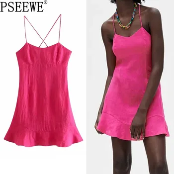 PSEEWE Summer Slip Dress Women Za 2021 Rose Red Short Woman Dresses Разчорлям без гръб Mini Dress Lady Strap Beach Casual Dresses