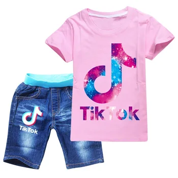 Summer Girls Fashion Clothes Set 2 Pieces Suit Letter T-Shirt + Denim Shorts Kids Sets Teen Clothes 2-16Years