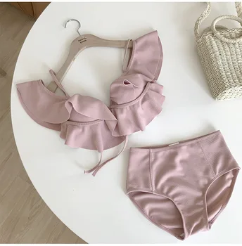 2019 мода Жените воланы V-образно деколте розово висока талия триъгълник сплит бански Дамски Плажни Дрехи, Плуване, Бански бански