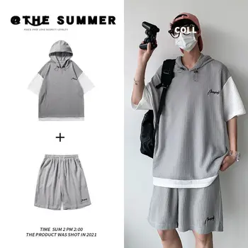 HYBSKR Лятото Нов Мъжки Костюм на Корейски Стил на Свободни Мъжки Ежедневни Блузи с Провиснал мъжки къси Панталони Harajuku Двойка С Къс Ръкав Hoody