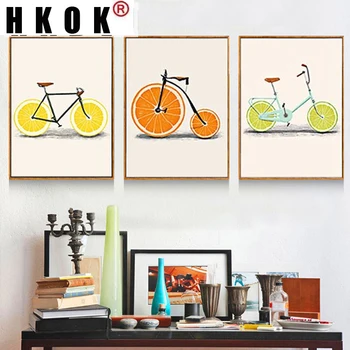 HKOK Abstract Fashion Bike Lemon Orange Fruit Платно Paintings Кухненски Плакати, Щампи Минималистичен Стенни Художествени Картини Начало Декор