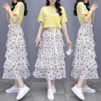 Корейски жени с къси ръкави Тениска свободни пластове рокли шифоновые Поли, Костюми, Мода колана на Полата Комплекти Жена Комплект от две части