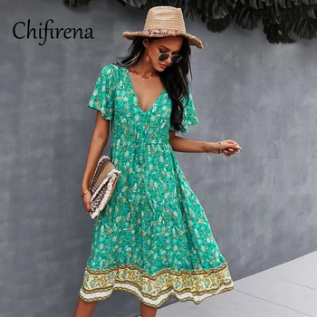 Chifirena Summer Dress 2021 Цветен принт Женствена рокля С къс Ръкав V Образно Деколте Плаж Boho Секси рокли за жени Party сарафан хавлия