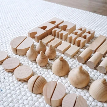 55шт Заключване Дървен Блок Хижа Бук Детски Скандинавските Дървени Играчки Детски Геометрични Блокове Творчески Образователни Играчки за Деца