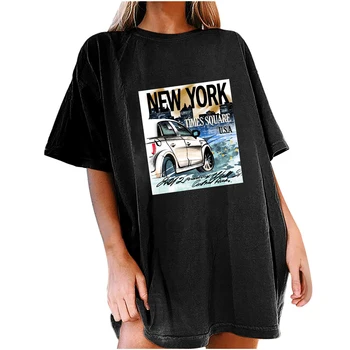 New York Times Square Print Women T Shirt Casual Drop Shoulder Summer Top Tee Shirt Femme през Цялата силует Дълга Свободна дамски дрехи