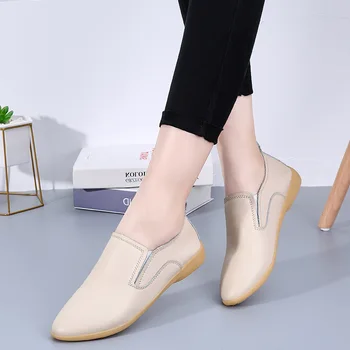 Дамски апартамент 2021 Мода Удобни Слипоны Ежедневни Обувки Дамски Маратонки Плътен Цвят Обувки от естествена Кожа, Дамски Маратонки