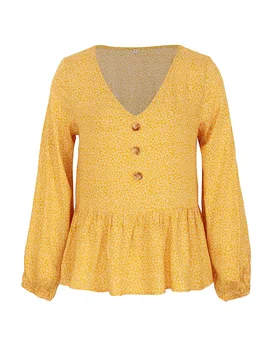 Есента е Цветен принт блуза за жени 2020 Мода V Образно Деколте с Дълъг Ръкав Бутон Елегантни дамски Ежедневни свободни ризи Lotus Leaf Edge Върховете