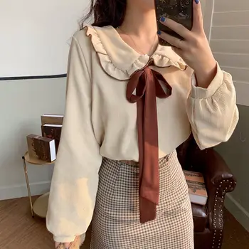 Пролетта носи вратовръзка и Бяла риза Дамски блузи Универсална тениска С дълъг Ръкав Топ Облекло Crop Korean Vintage Ladies Fashion Female