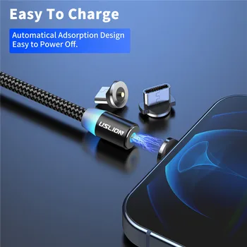 USLION LED Магнитен Кабел за зареждане USB Зарядно Устройство Кабел Micro Type C Кабел За iPhone 12 Xiaomi Телефон Магнит USBC Тел