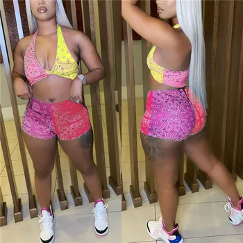 Hirigin Color Block Paisley Bandanna Print Bodycon Two Piece Outfits Women Halter Neck без гръб Skinny and Shorts Summer Sets