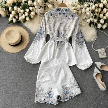 2021 New Women ' s New Fashion Stand Neck Long Sleeve Printed Elegant Тениски + Wide-крака Shorts Two Piece Sets