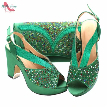 2021 Office Lady Shoes Matching Bag in Color Green Casual Style Peep Toe with Бляскъв Crystal for Wedding