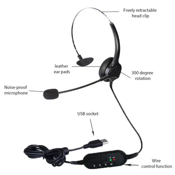 USB Слушалки с Едностранно Удобни Слушалки с Кабел с микрофон за Завъртане на 360 Градуса