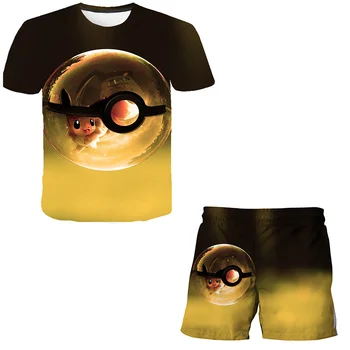 Япония Аниме Pokemon тениски децата с тениска и къси Панталони 2 елемента Момчета Тениска Момичета Тениска Карикатура Облекло 4-14 Години на Детски Комплекти