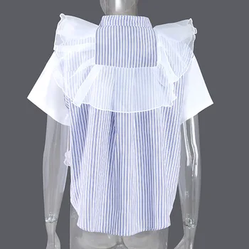 [ИАЛ] Жените Синьо Райе Голям Размер на Окото Блуза Нова Стойка Яка С Къс Ръкав в Свободна Засаждане Риза Мода Пролет Лято 2021 1DD7372
