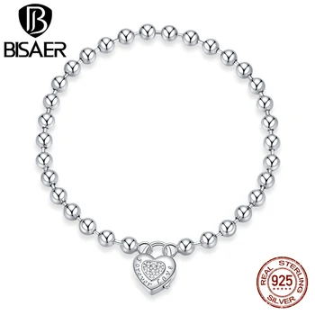 Bisaer Real 925 Sterling Silver Bead Chain Гривна Циркон Верига Braceltes For Women Silver Wedding Fine Jewelry Gift ECB203