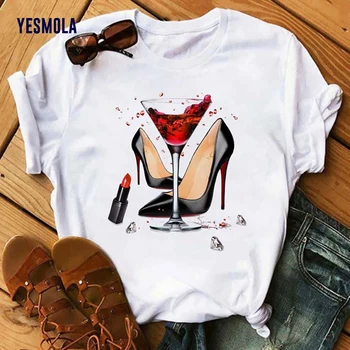 YESMOLA Wine Обувки с Високи Токчета за Дамски тениски Бели дамски ризи Блузи Принт Тениска Дамски 2021 Лятна Тениска С Къс Ръкав