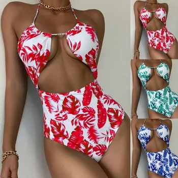 Fashion Women Summer Swimwear V-Neck Printing Bandage Siamese Swimsuit Bikini Beachwear бански костюми, дамски 2021