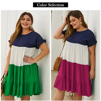 GXDS Summer Beach Plus Dress Size Women Cotton С къси ръкави О-образно деколте Ruffled Color Етикети Color Dress New Губим Dress 4XL 2021