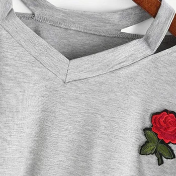 Дамски Секси V-образно деколте Бродирана Роза Къса Тениска Дами Топ Момичета