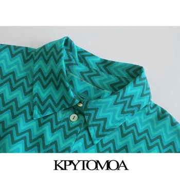 KPYTOMOA Women 2021 Мода С джобове Геометричен принт Асиметрия Блузи Реколта С Къс Ръкав копчета дамски ризи Шик върха