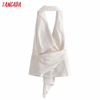 Tangada Women Ретро Бяла плиссированная Риза С лък Без Ръкави с Отворен Гръб 2021 Шикозна дамска Риза Върховете 3H626
