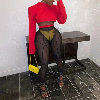 2021 Women Fashion Women Секси Two Pieces Set Clubwear Solid Long Sleeve Crop Top & See-Through Long Pants Sets