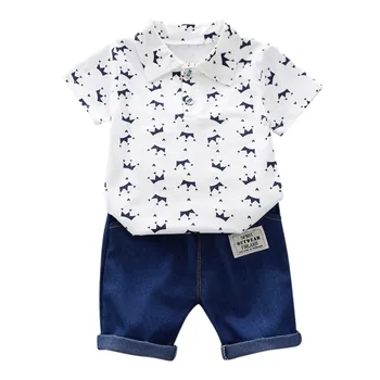 Baby Boy Clothing Summer Set Newborn Clothes Toddler Kids Baby Boy Short Sleeve Crown Модел Тениска На Върховете+ Denim Pants Set