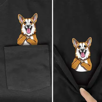 Забавно Куче и Котка карикатура на животните Отпечатани В Джоба си Черен Тениска Памук Мъжка Мода С Къс ръкав за Мъже Лятна Памучен тениска