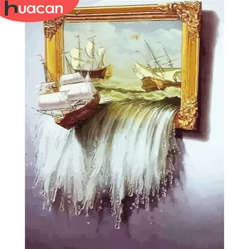 HUACAN САМ Pictures By Number Boat Комплекти за Рисуване Върху Платно Живопис на Номерата На Морски Пейзаж, Ръчно Рисувани Картини на Изкуството за Домашен интериор