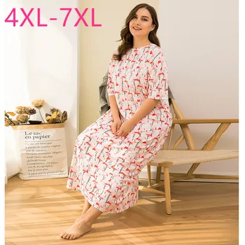 Ново лято плюс размера на домашно облекло дълга рокля за жените най-голям свободен къс ръкав розов цветен принт пижама обличам 4XL 5XL 6XL 7XL