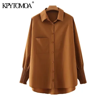 KPYTOMOA Women 2021 Мода с джобове Извънгабаритни Асиметрични блузи Реколта дълги ръкави с копчета Дамски Ризи, Шикозни Блузи
