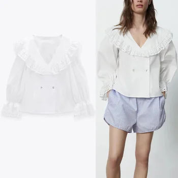 Пролет Za Top 2021 Бяла Бродирана V-образно Деколте Crop Top Жените Чист Kawai Двубортная риза с копчета от Дамски Ежедневни Дамски блуза
