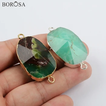 BOROSA 5Pcs Gold/Silver Plated Natural Australian Jades Graneted Connector Jaspers Double Charms for Necklace Jewelry G1865