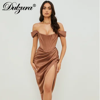 Dulzura 2021 Women Summer Pure Satin Corset Midi Dress Off Shoulder High Цепка Ruched Bodycon Секси Elegant Party Solid Clothes