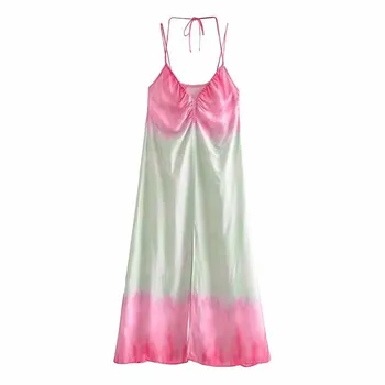ТРАФИКА Za Long Dress Women Вратовръзка Боядисват Slip Midi Dress Woman 2021 без гръб Strap Sexy Party Summer Dresses Boho Beach Ежедневни рокли