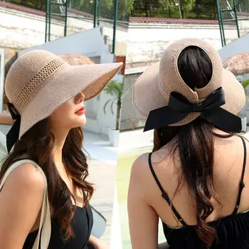 Летни дамски Слънчеви шапки С голяма Периферия Класически Лък Сгъваема Модни Сламена Шапка Ежедневни Открита Плажна шапка За жени UV-защитена от шапка