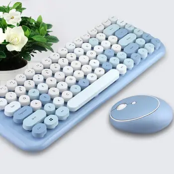 Симпатично Мини Преносим износоустойчива 2.4 G Безжична клавиатура Мишка Комплект за компютри Смесен цвят на мини-клавиатура и мишка