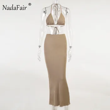 Nadafair Sexy Summer Sleeveless Strap Dress Sets Women Без Гръб White Night Club Party Frmme 2021 Bodycon Maxi Dress
