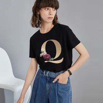 Дамски Летни Черна тениска 26 English Alphabet Printing Серията Casual Slim Върховете Commuter Vogue Harajuku Дами С къси ръкави