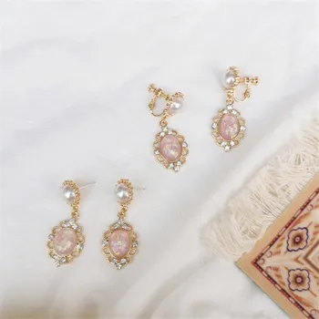 Стари кристални перли дълги обеци Класически, овални обеци с пискюли Прости геометрични обеци розово за жените Европа бижута
