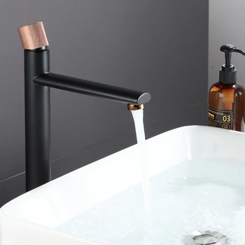 BAKALA Matt Black & Gold Rose Faucet Brass Bathroom Basin Faucet Knurling Design Deck Mounted Water Mixer Tap Brushed Gold