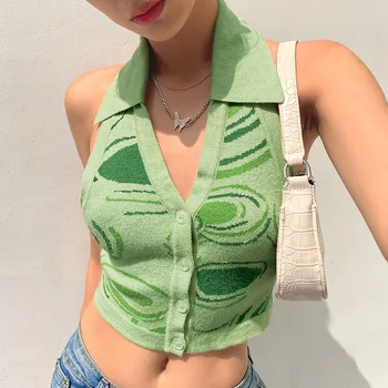 Y2K Knit Crop Top Women Halter Секси Tank Tops без гръб Summer Knitted Vest for Wome Casual Tank Върховете Slim Top Mujer Verano 2021