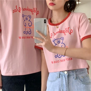 лято мечка печат розово crop top жени корейски реколта harajuku тениска свободни случайни жени на улицата облекло черно ракия върховете