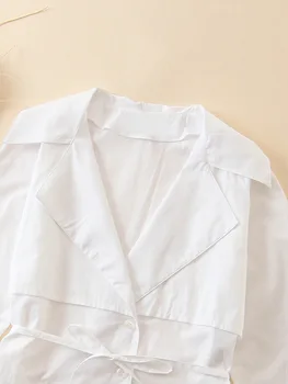 Пролет/лято 2021 Дамски двухкнопочная Подпоясанная Тренчкот Стил Чисто Бяла Риза с Дълги ръкави