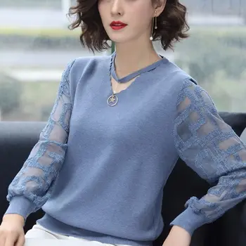 Корейската Мода Твърди V-образно деколте Выдалбливают Вязаный Пуловер Жени 2021 Декоративни Обикновен Цвят на Тънки Блузи Летни Ръкави Пуловер Пуловер