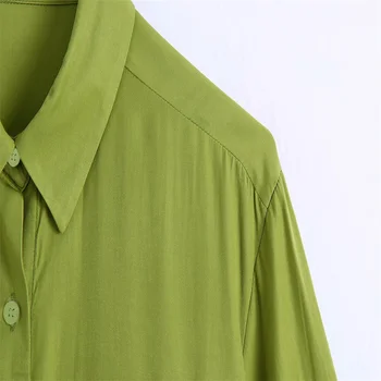 Летни Лоскутные Джобни Зелени Ризи Жени 2021 Za Реколта Лацканы Блузи С Дълъг Ръкав Ежедневни Задната част на Страничната Гънка Разрез Подгъва Пуговица Жените риза